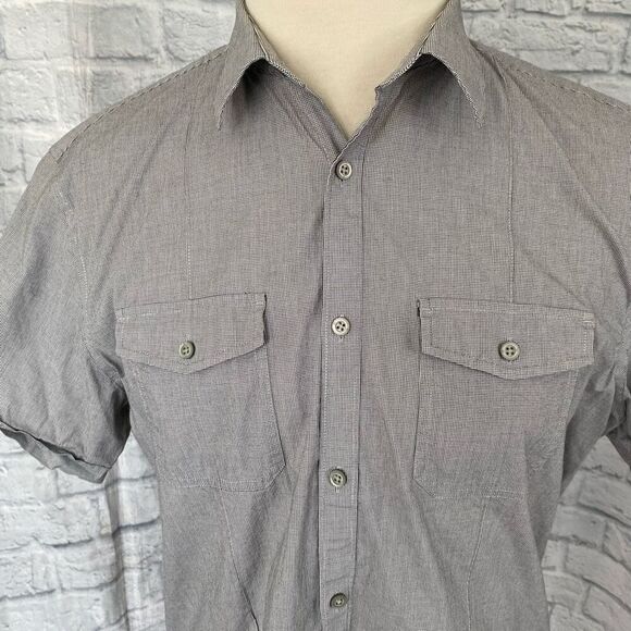 Banana Republic men XL button up short sleeve casual collar shirt grey/white - Picture 2 of 8